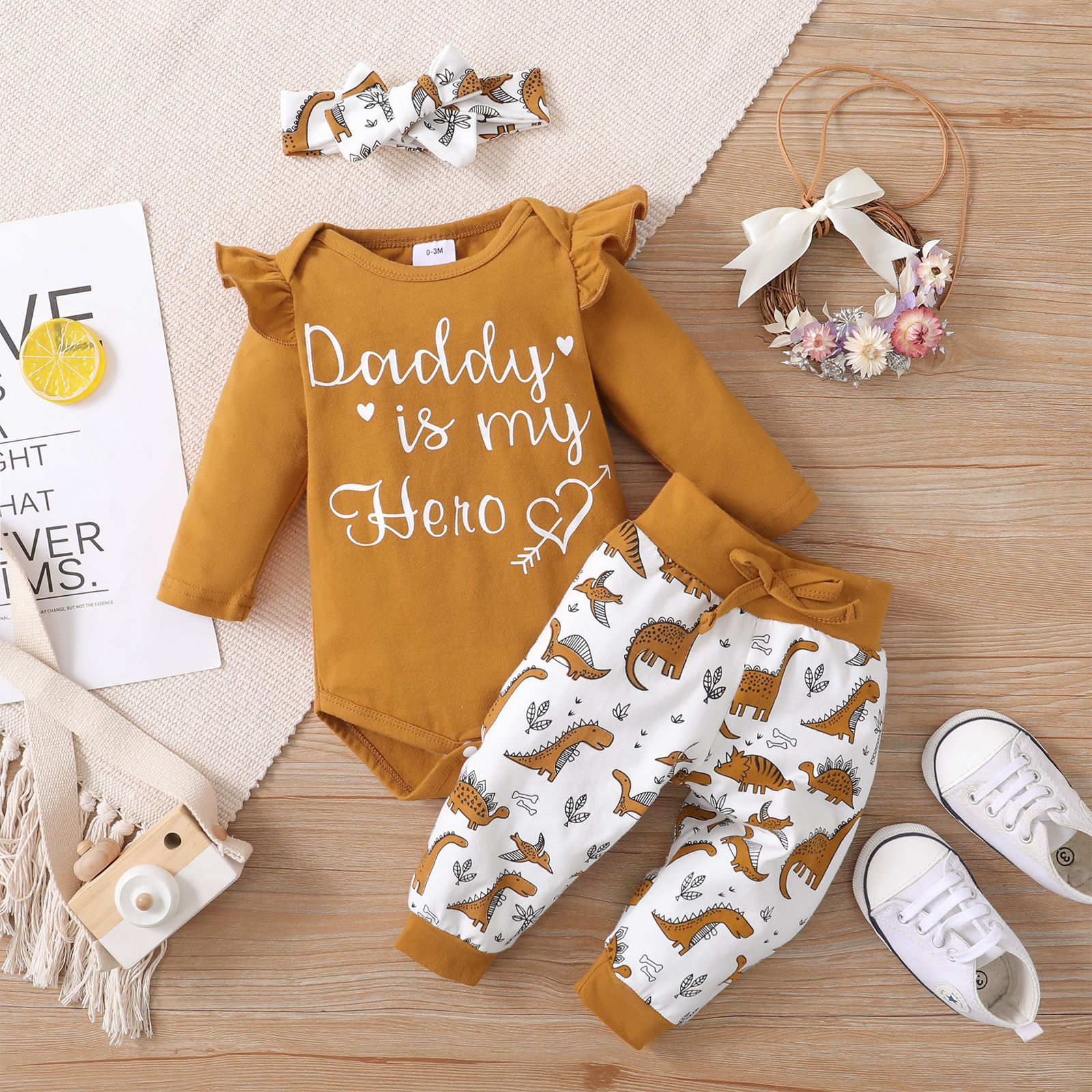 

Baby 3pcs Letter and Dinosaur Print Brown Long-sleeve Romper Set