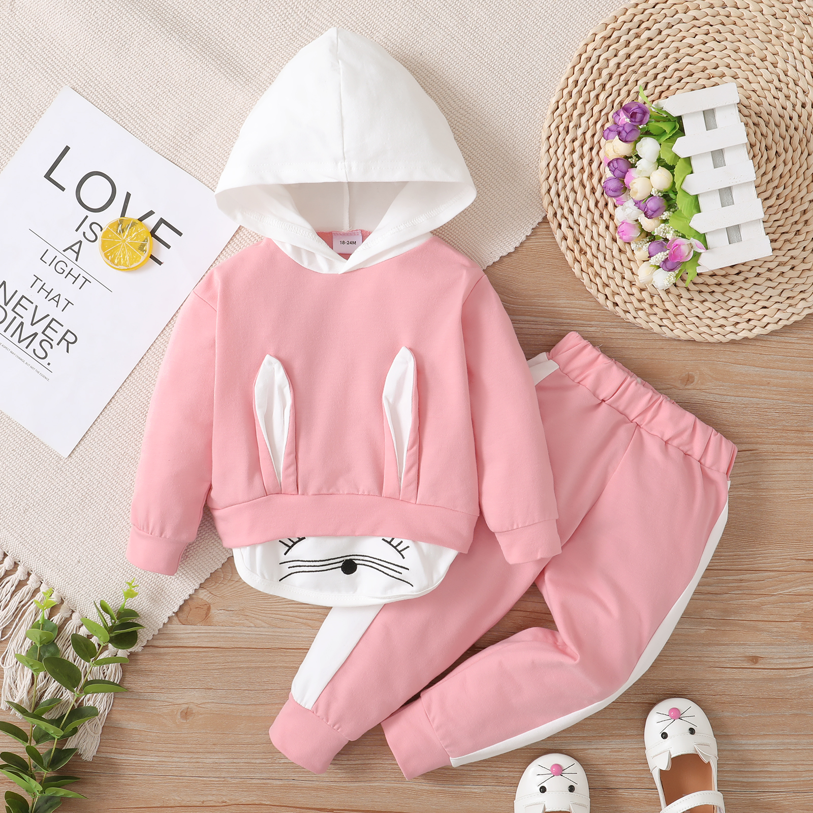 

2-piece Toddler Girl Rabbit Print Ear Design Colorblock Hoodie and Pants Set