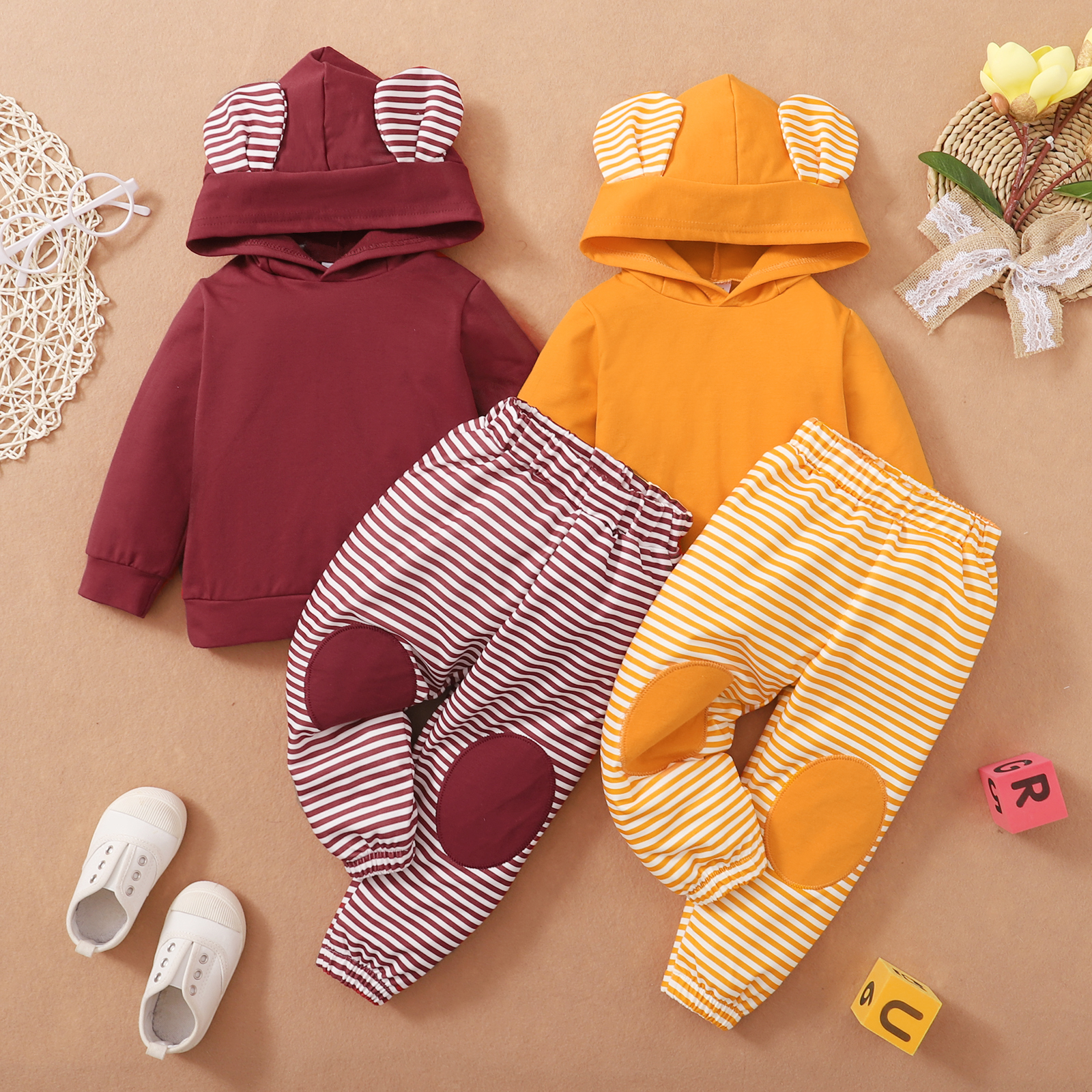 

2-piece Toddler Girl Ear Design Hoodie Sweatshirt and Stripe Pants Set