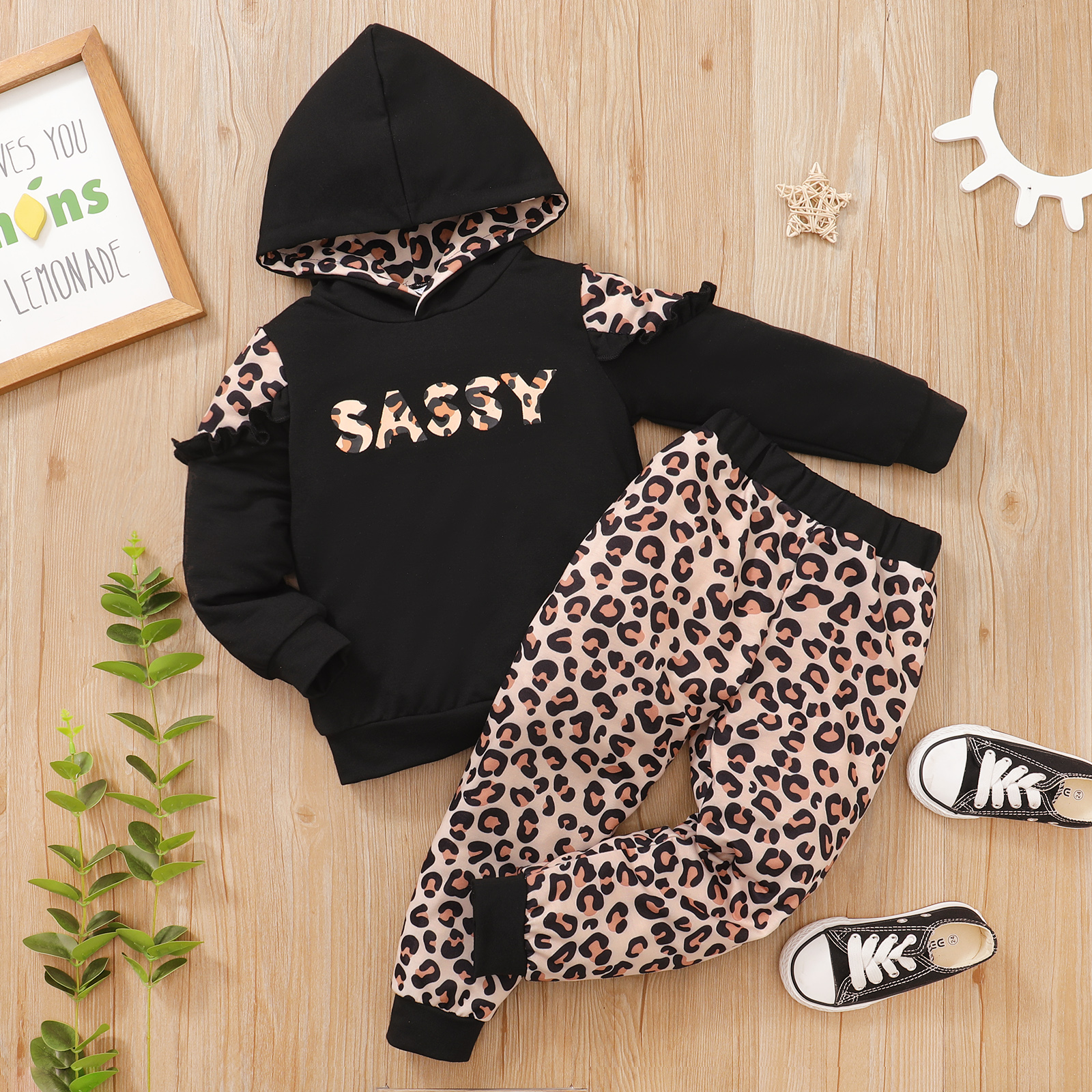 

2-piece Toddler Girl Letter Leopard Print Hoodie and Elasticized Pants Set