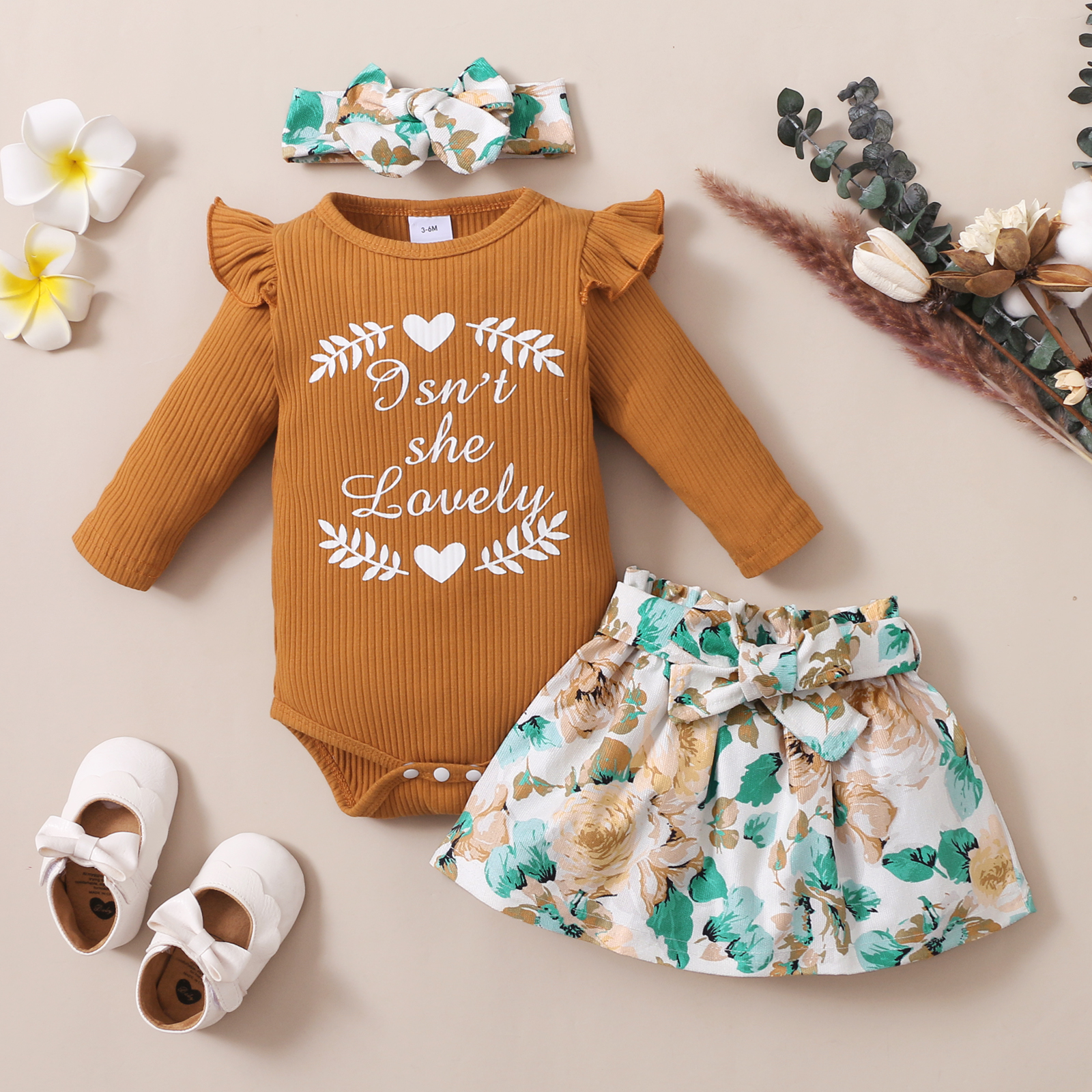 

3pcs Baby Letters Print Ribbed Long-sleeve Romper and Floral Print Belted Skirt Set