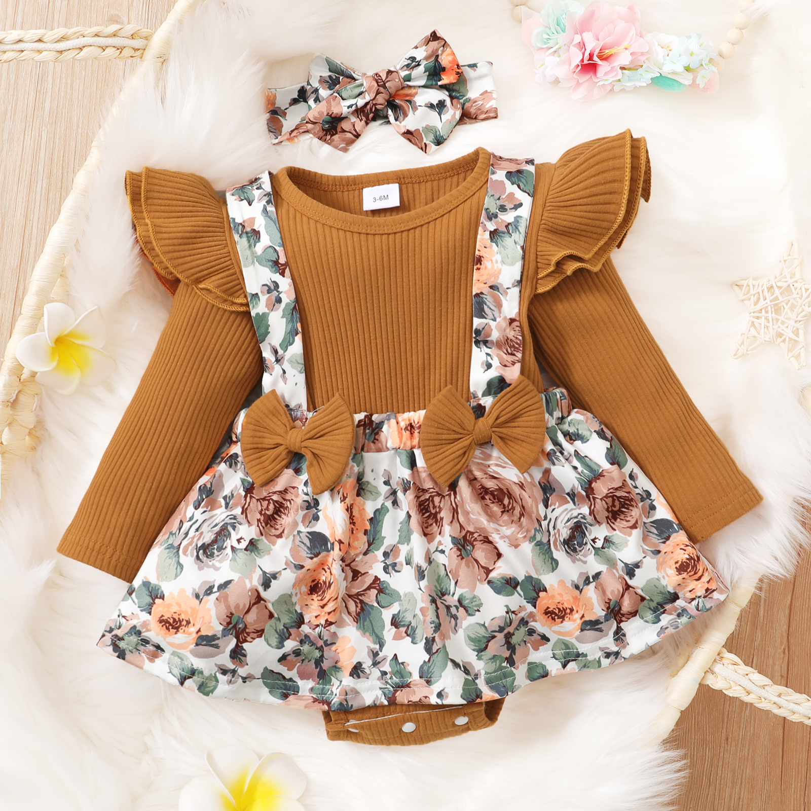 

Baby 3pcs Brown Ribbed Ruffle Long-sleeve Romper and Floral Print Suspender Skirt Set