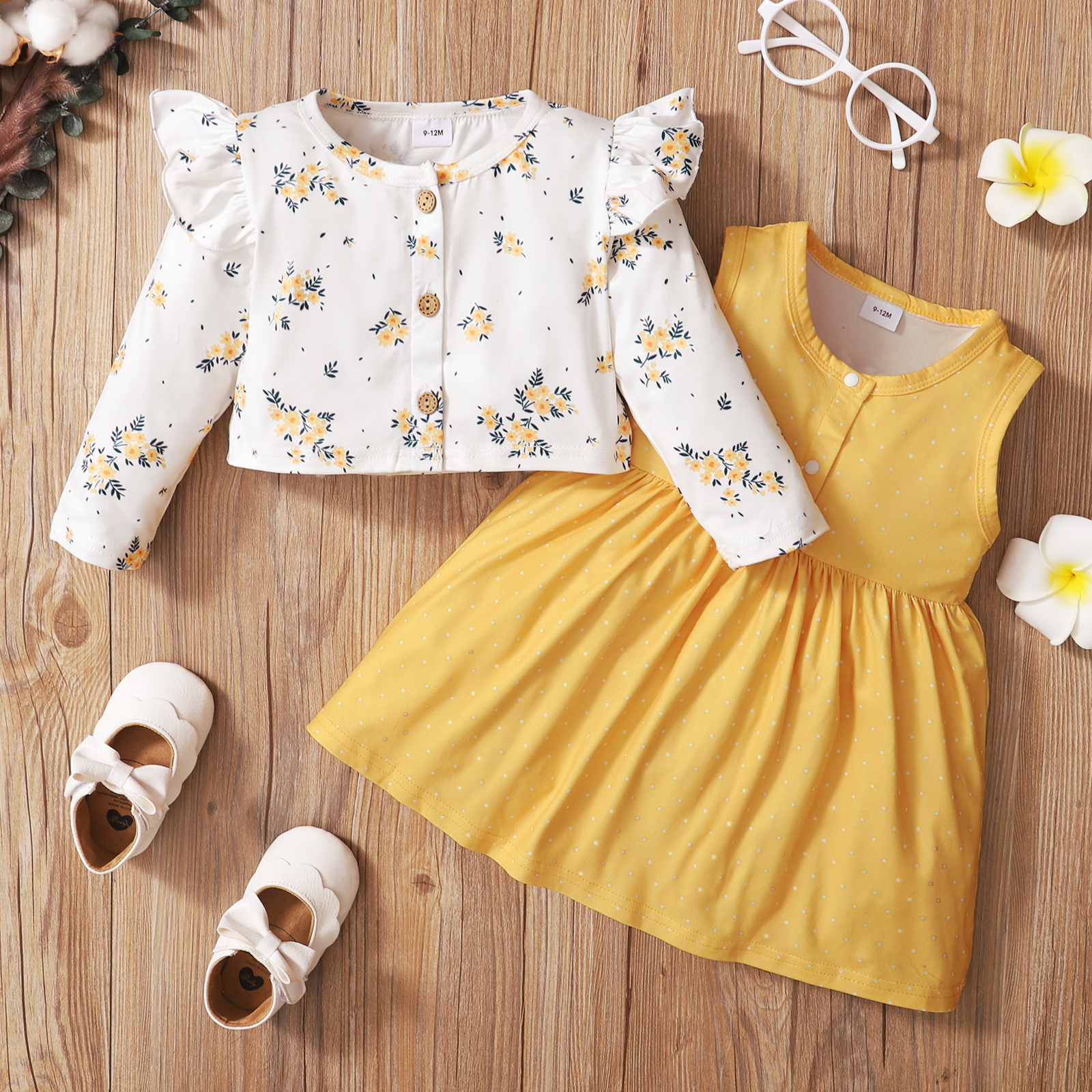 

Baby 2pcs Floral Print Button Down Long-sleeve Top and Sleeveless Polka Dot Dress Set