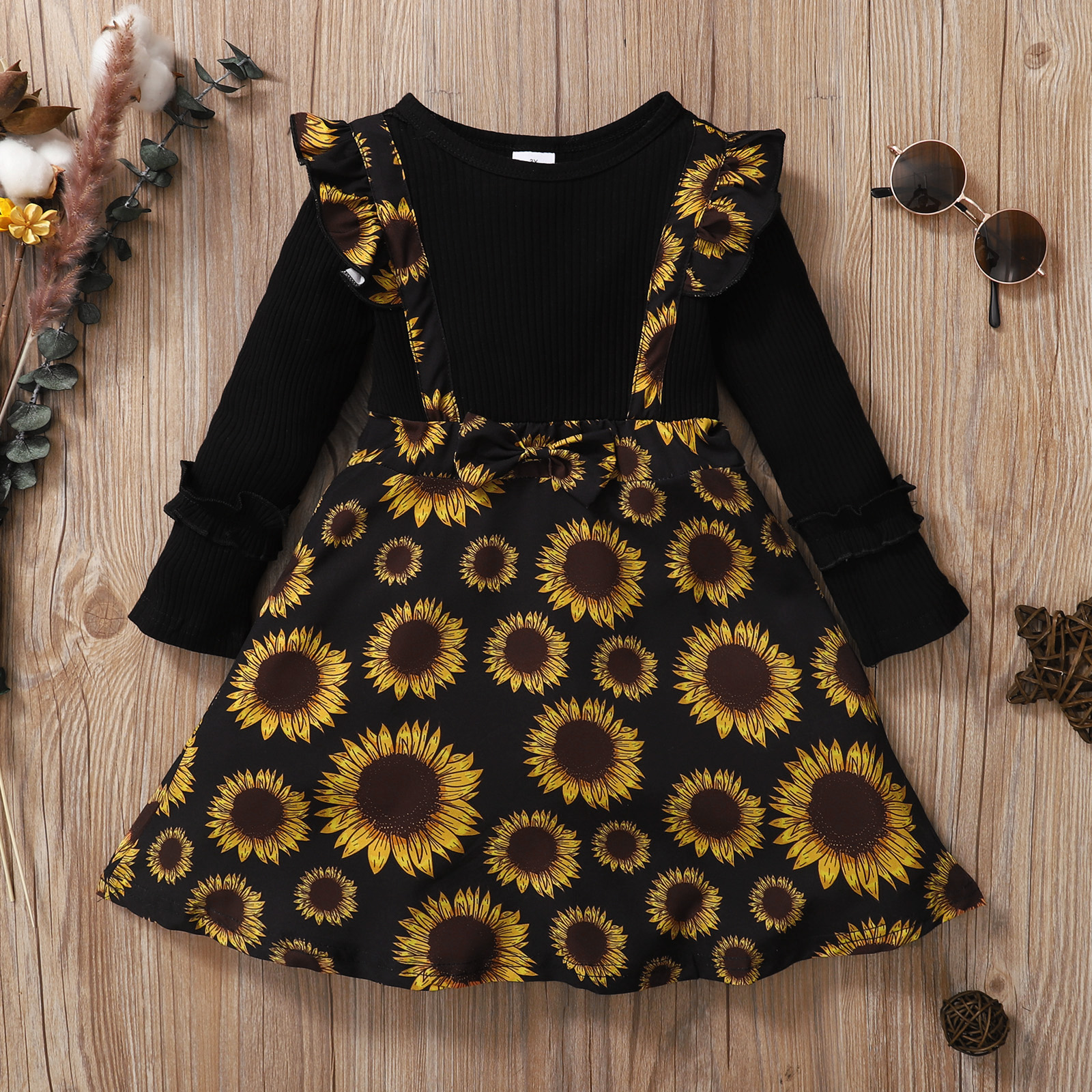 

Toddler Girl Ribbed Ruffled Floral Print Long-sleeve Faux-two Dress