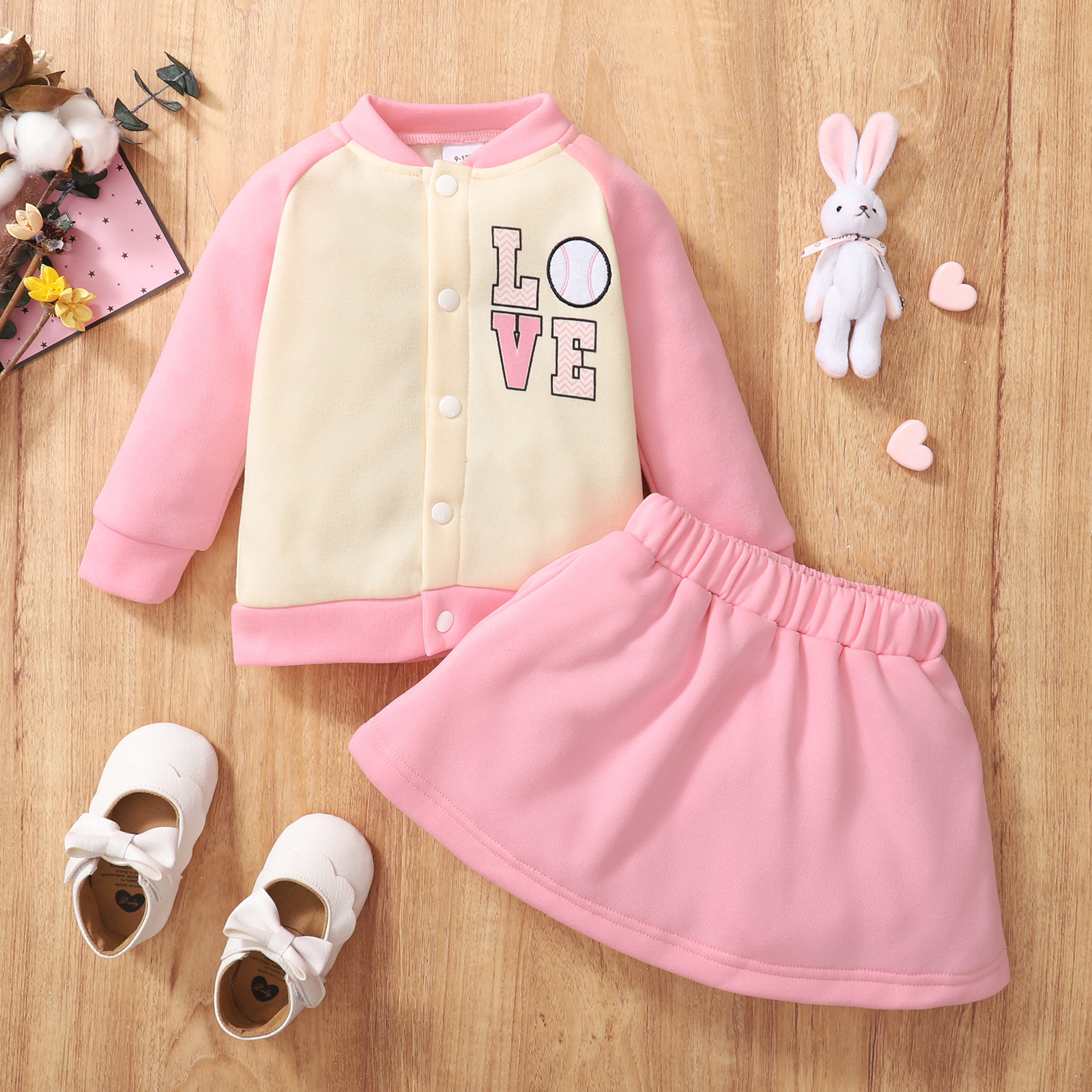 

2pcs Baby Letter Print Pink Cotton Long-sleeve Baseball Jacket and Mini Skirt Set