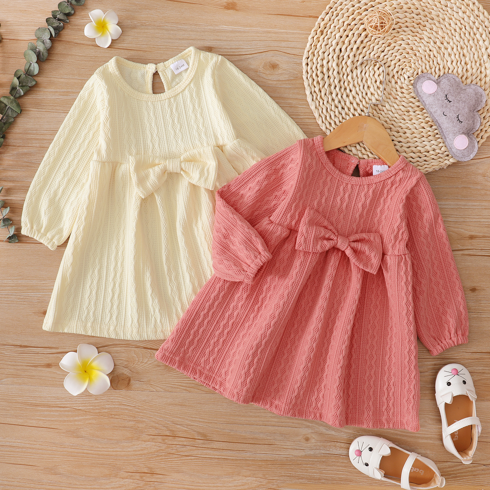 

Toddler Girl Bowknot Design Cable Knit Long-sleeve Solid Dress