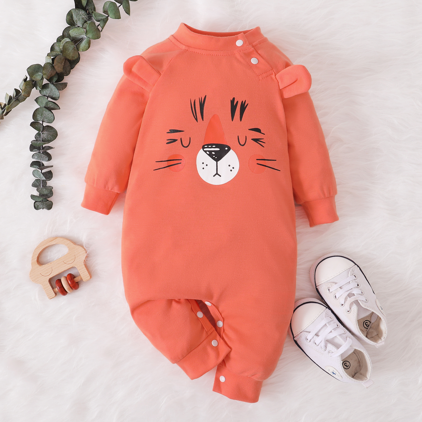

Cartoon Animal Print 3D Ears Solid Baby Long-sleeve Jumpsuit