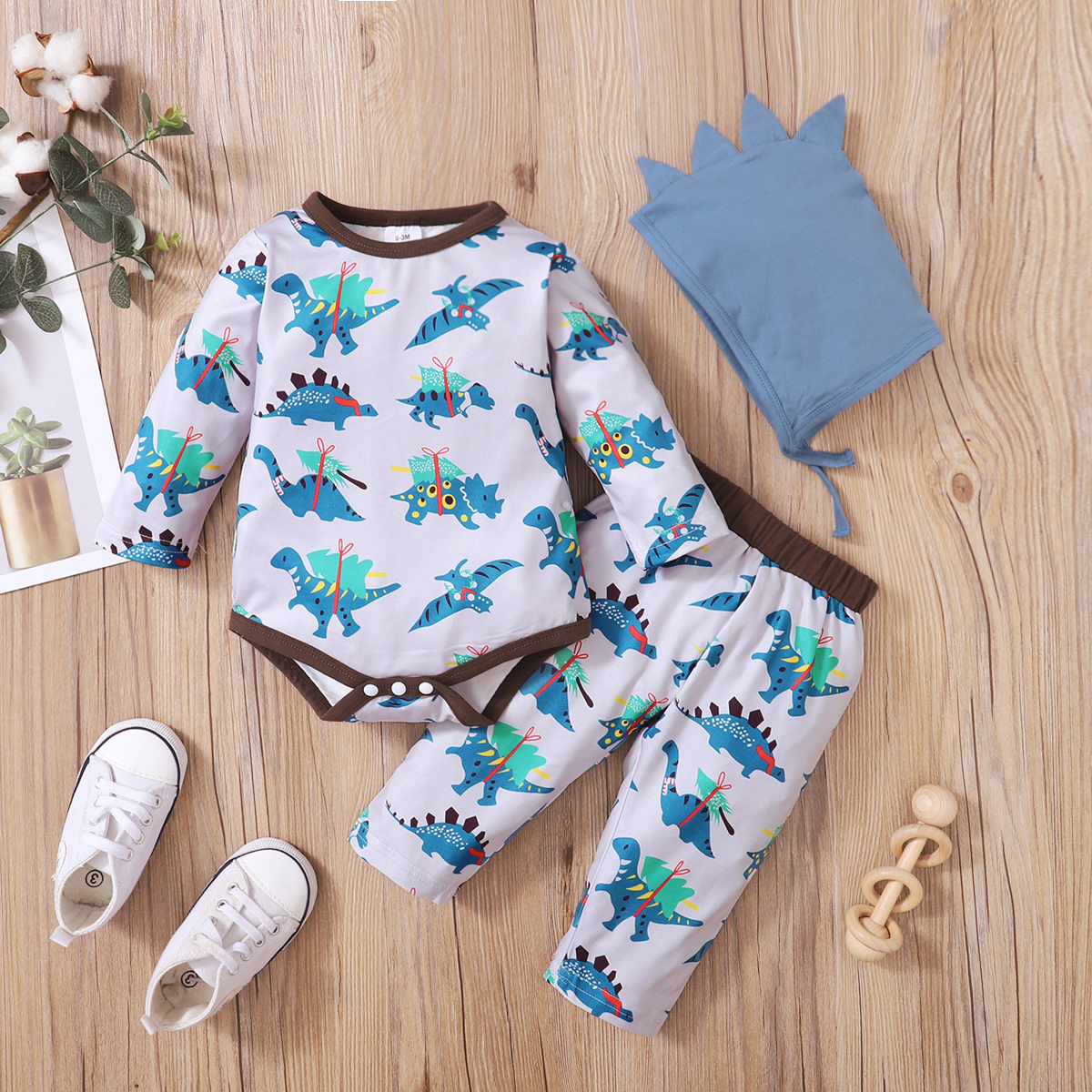 

3pcs Baby All Over Dinosaur Print Long-sleeve Romper and Pants Set