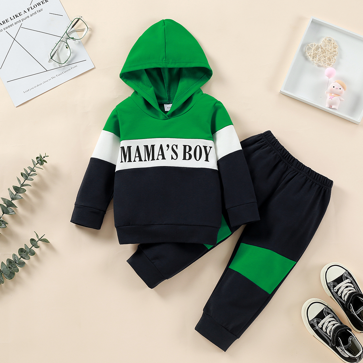 

2pcs Baby Letter Print Color Block Long-sleeve Hoodie and Trousers Set