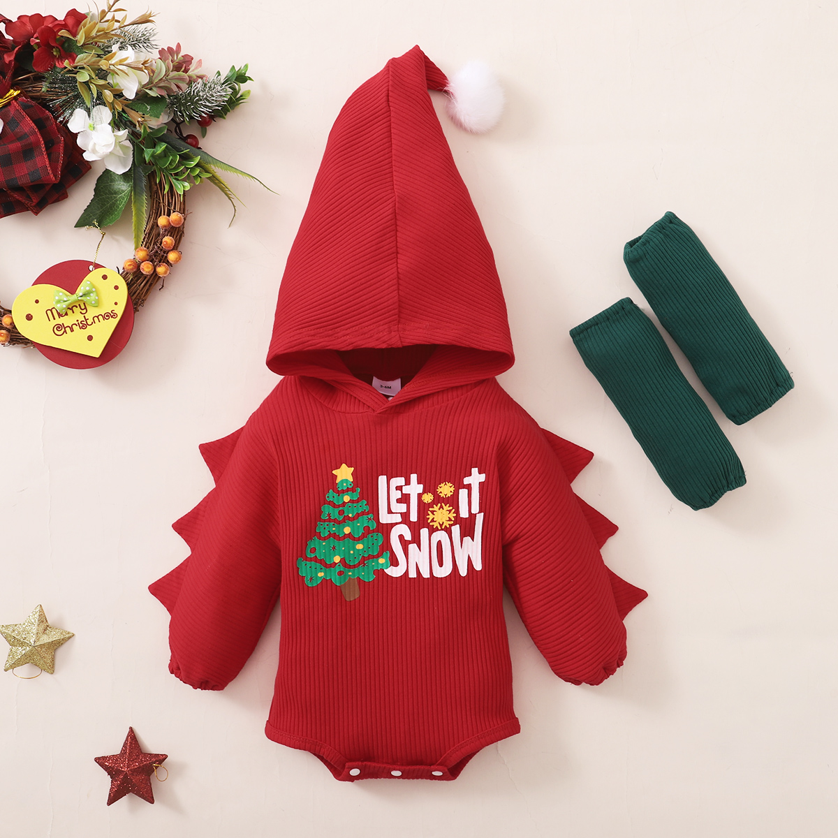 

Christmas 3pcs Tree and Letter Print Red Long-sleeve Hooded Romper with Knee Pads Set