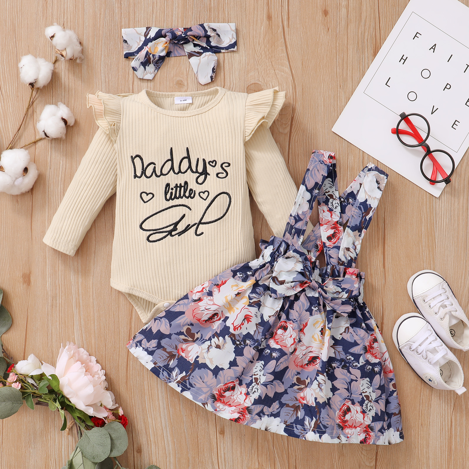 

3pcs Baby Letter Embroidered Ribbed Long-sleeve Romper and Floral Print Suspender Skirt Set