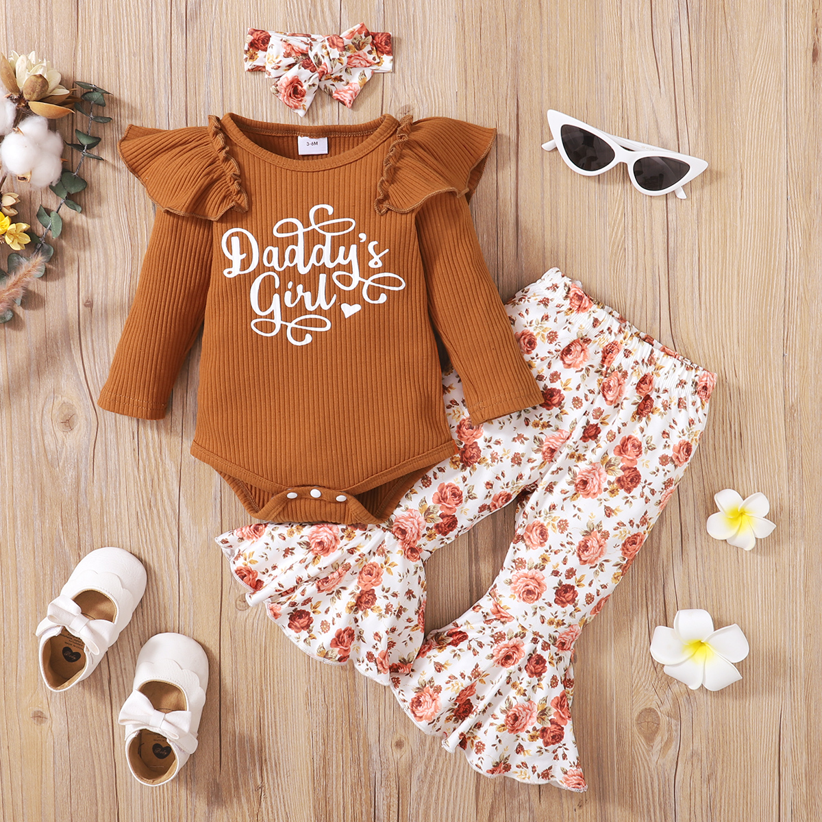 

3pcs Baby Letter Print Cotton Long-sleeve Ribbed Romper and Floral Print Bell Bottom Pants Set