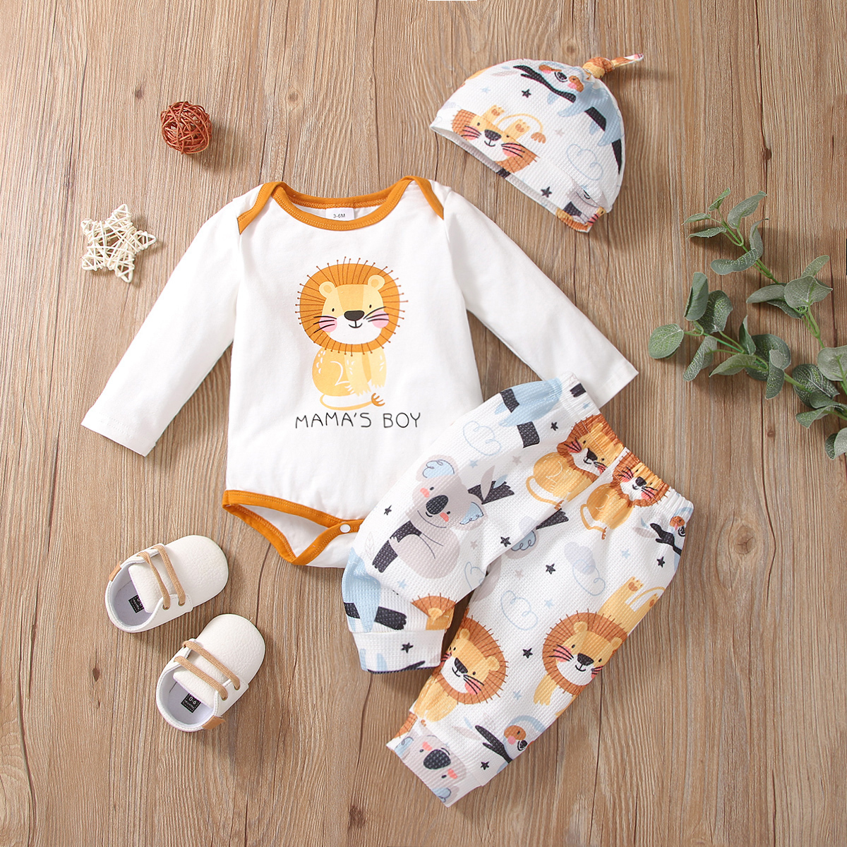 

3pcs Baby Cartoon Animals and Letter Print White Long-sleeve Romper and Trousers Set
