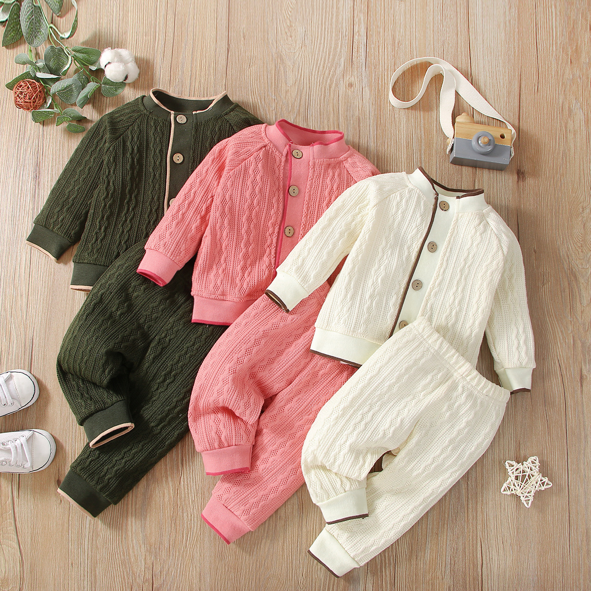 

2pcs Baby Solid Cable Knit Button Down Long-sleeve Outwear and Pants Set