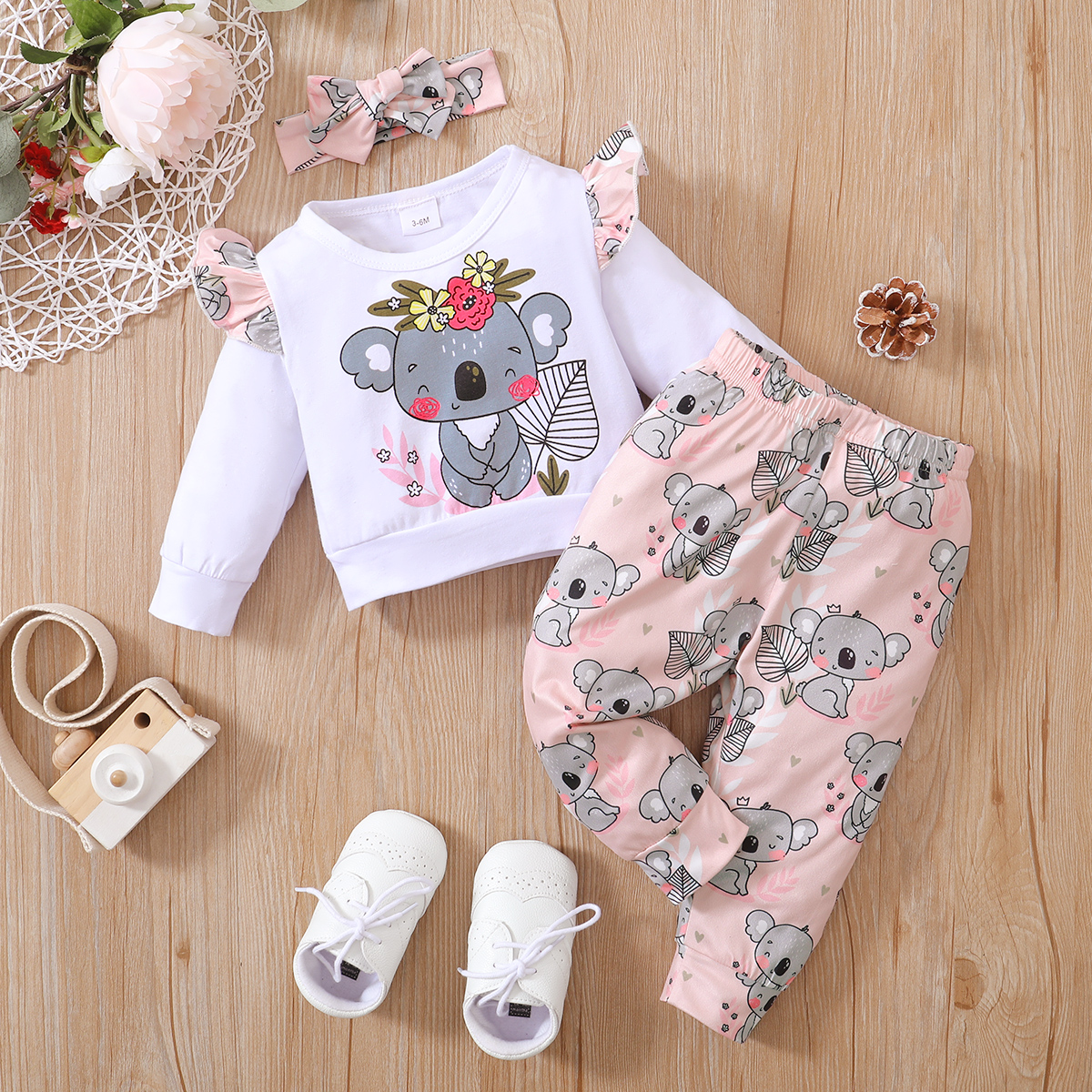 

3pcs Baby Girl Cartoon Koala Print Long-sleeve Sweatshirt and Trousers Set