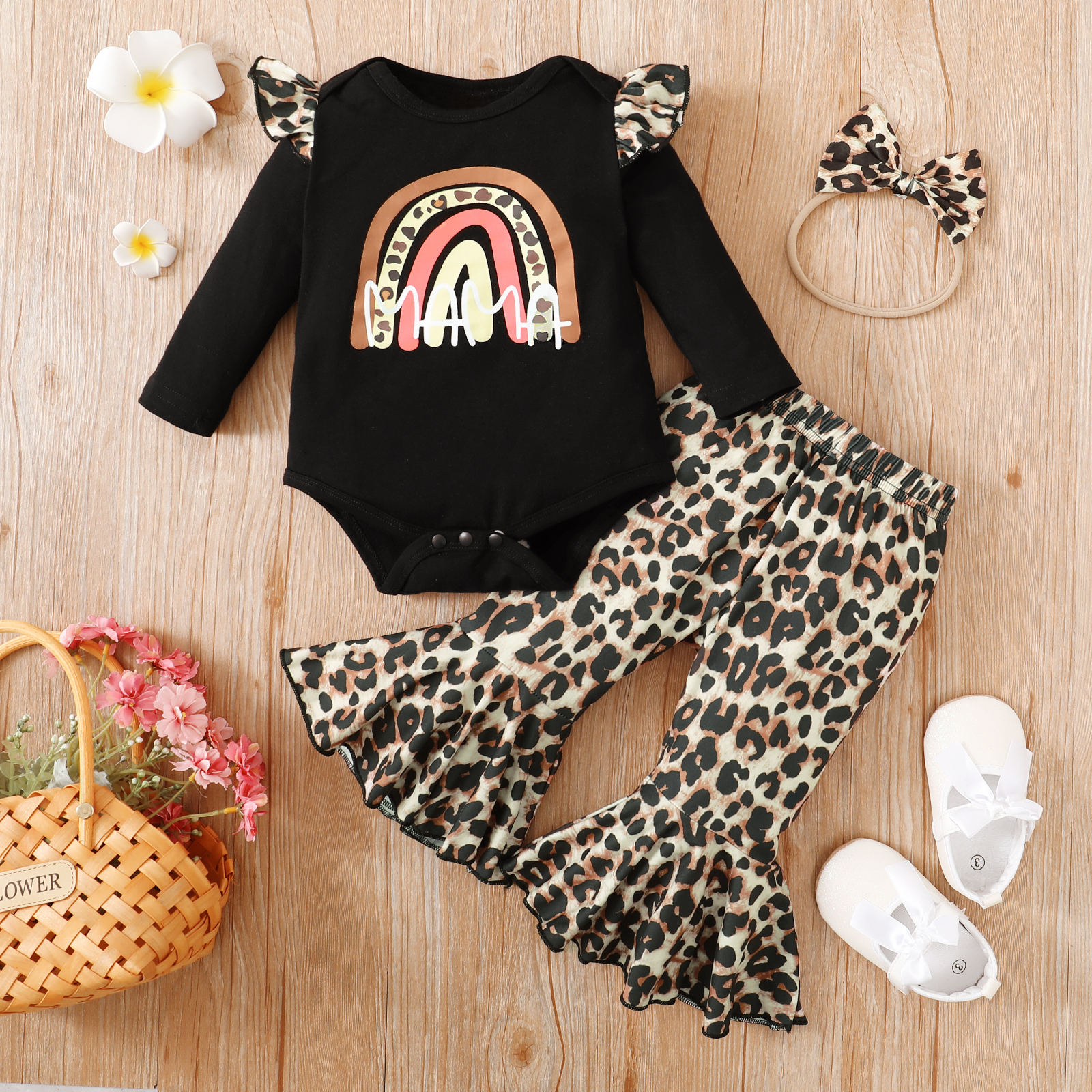 

3pcs Baby Girl Rainbow Letter Print Black Ruffle Long-sleeve Romper and Leopard Bell Bottom Pants with Headband Set