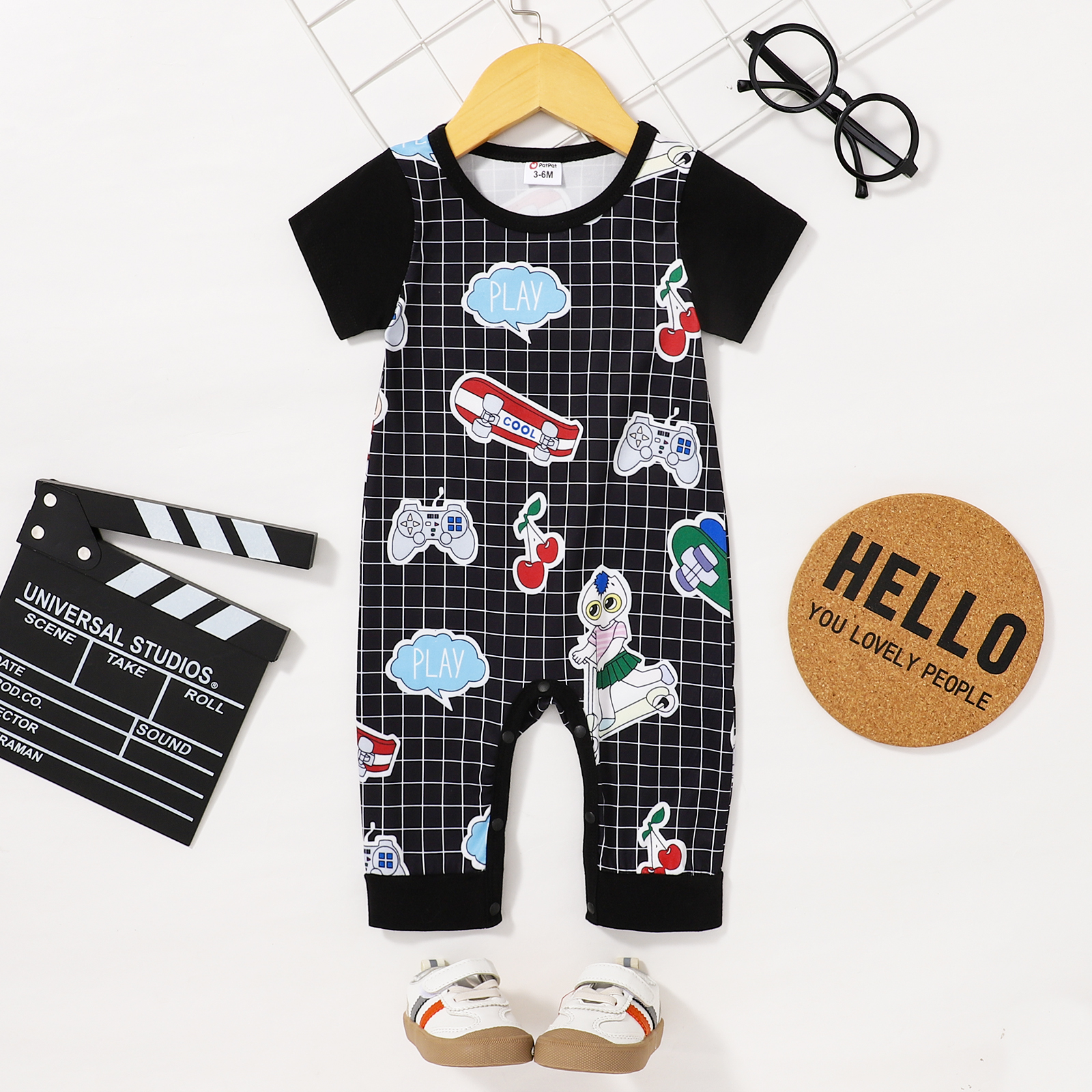 

Baby Boy/Girl Black Short-sleeve Cartoon Print Plaid Jumpsuit