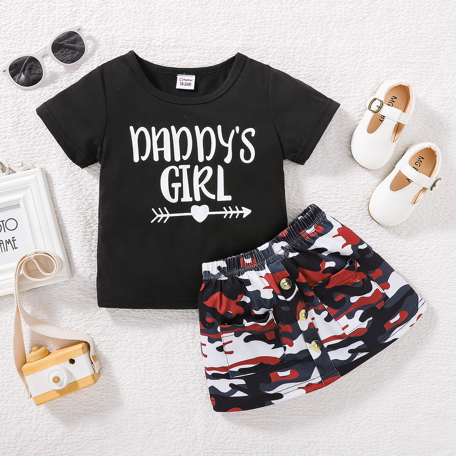 

2pcs Toddler Girl Letter Print Short-sleeve Black Tee and Camouflage Print Button Design Skirt Set