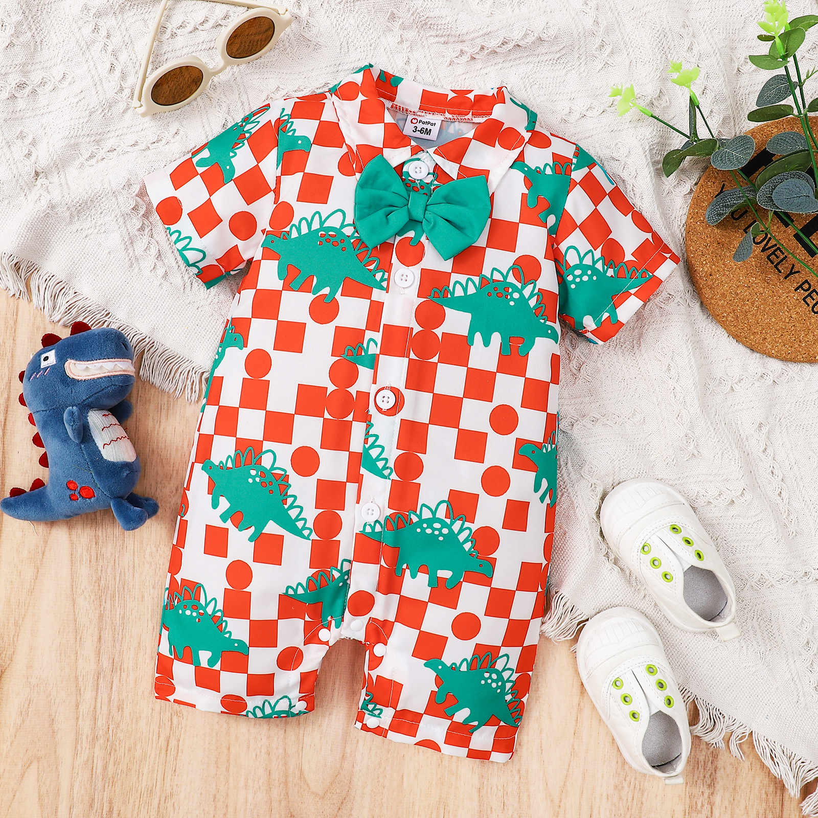 

Baby Boy All Over Dinosaur Print Geometric Short-sleeve Bow Tie Romper