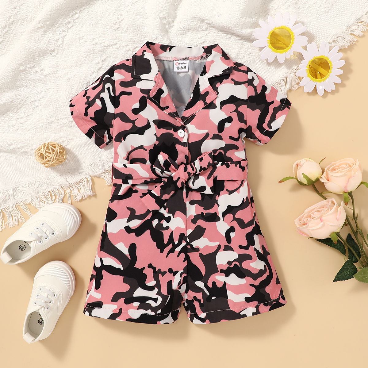 

Toddler Girl Camouflage Print Lapel Collar Button Design Short-sleeve Rompers