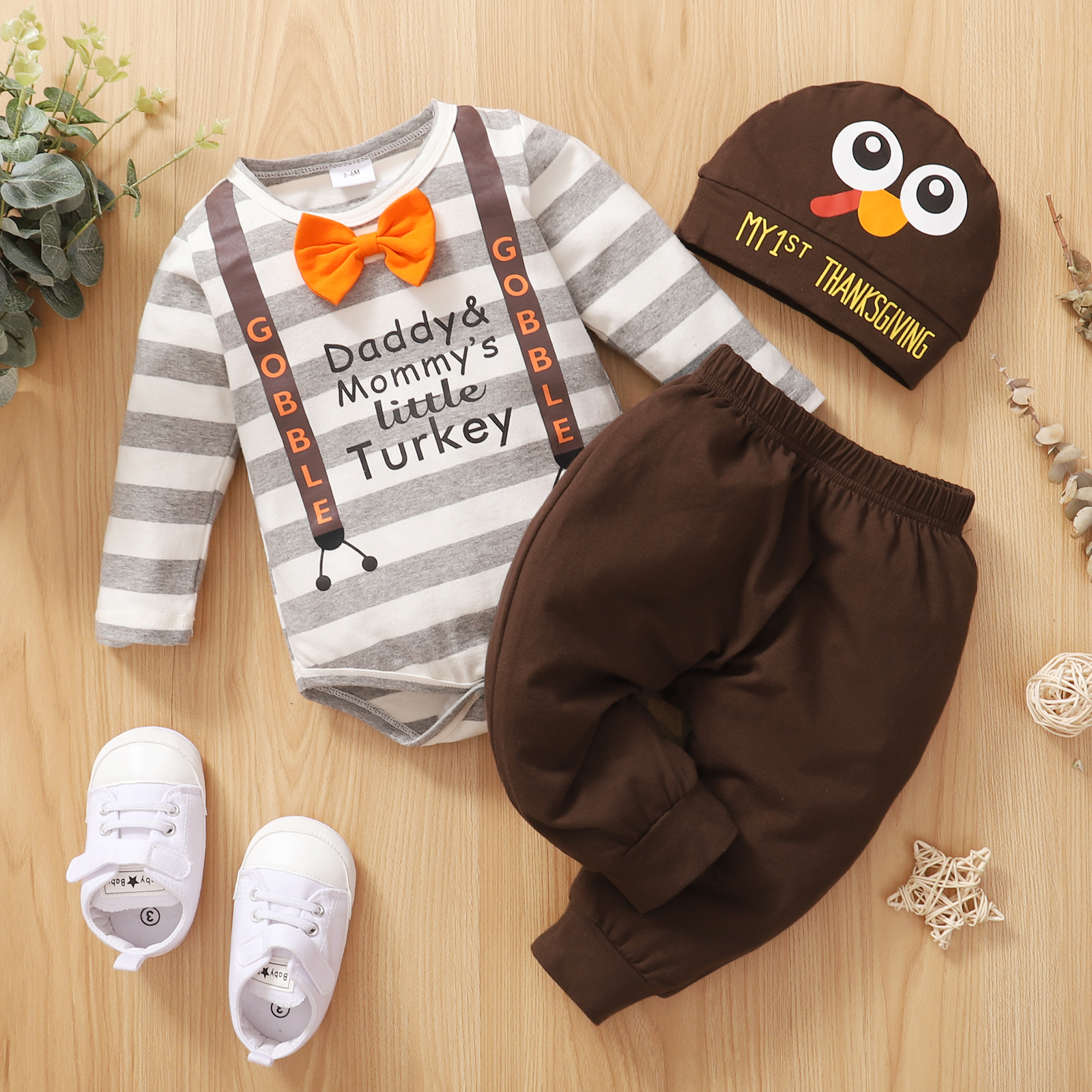 

Thanksgiving Day 3pcs Baby Boy/Girl 95% Cotton Long-sleeve Bow Tie Decor Letter Print Striped Romper and Solid Pants with Hat Set
