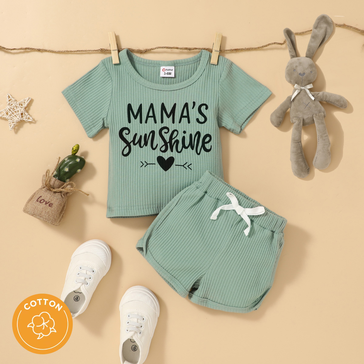 

2pcs Baby Girl 95% Cotton Ribbed Short-sleeve Letter Print Top and Shorts Set