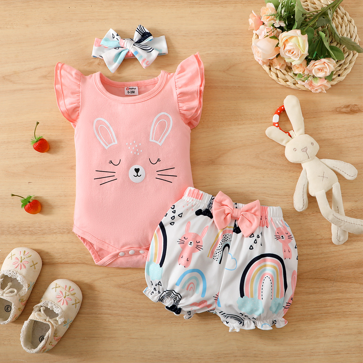 

3pcs Baby Girl 95% Cotton Flutter-sleeve Cartoon Cat Print Romper and Bow Front Shorts with Headband Set