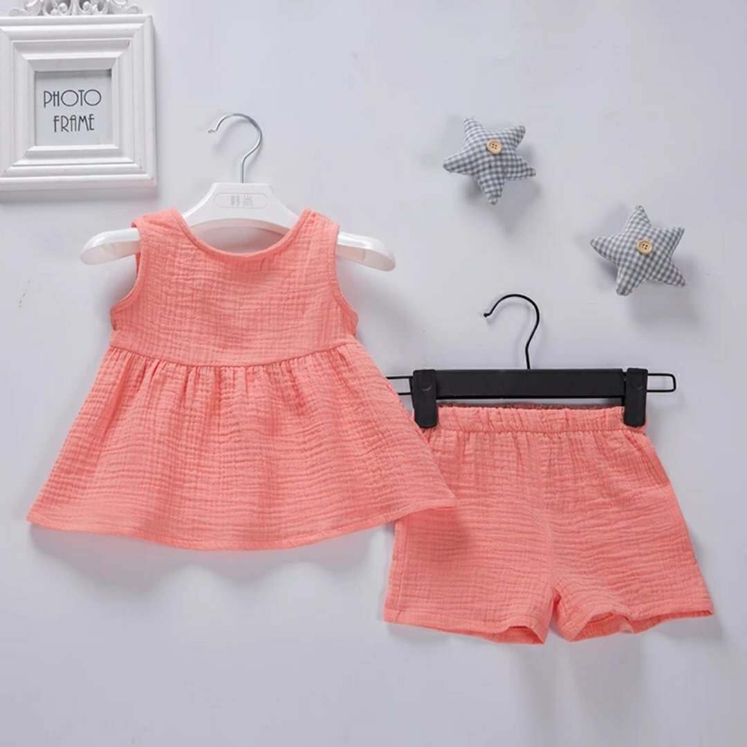

2019 New Living Coral Top Pants Shorts Set Baby Girls Full Cotton