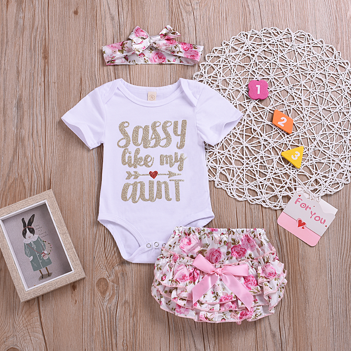 

Baby Girl's Letter Print Bodysuit, Floral Short and Bow Headband