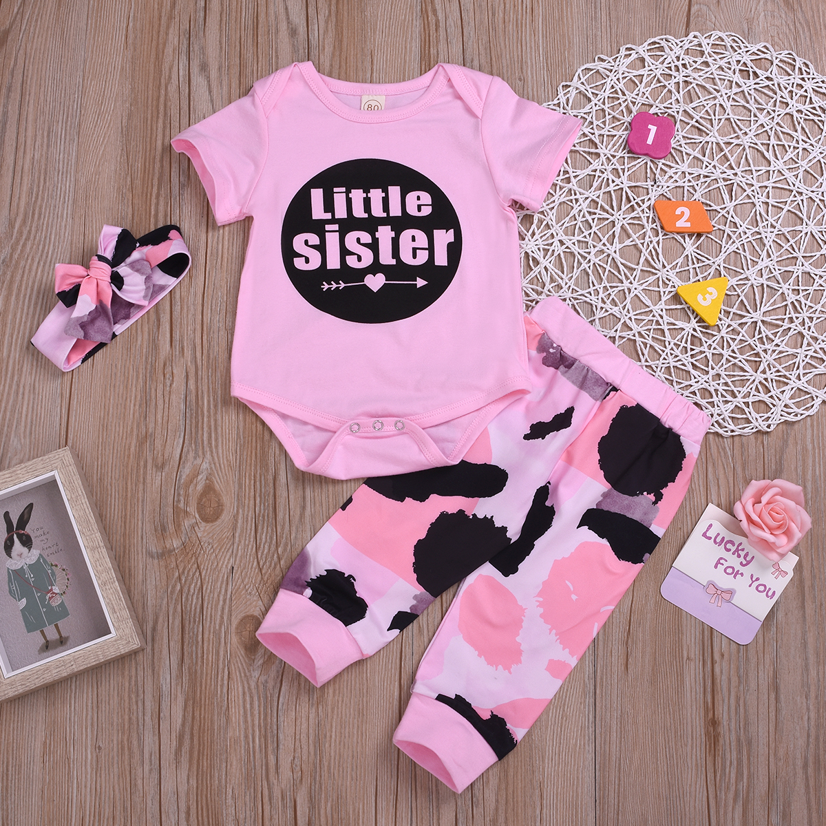 

3-piece Baby LITTLE SISTER Print Bodysuit and Pants with Headband Set