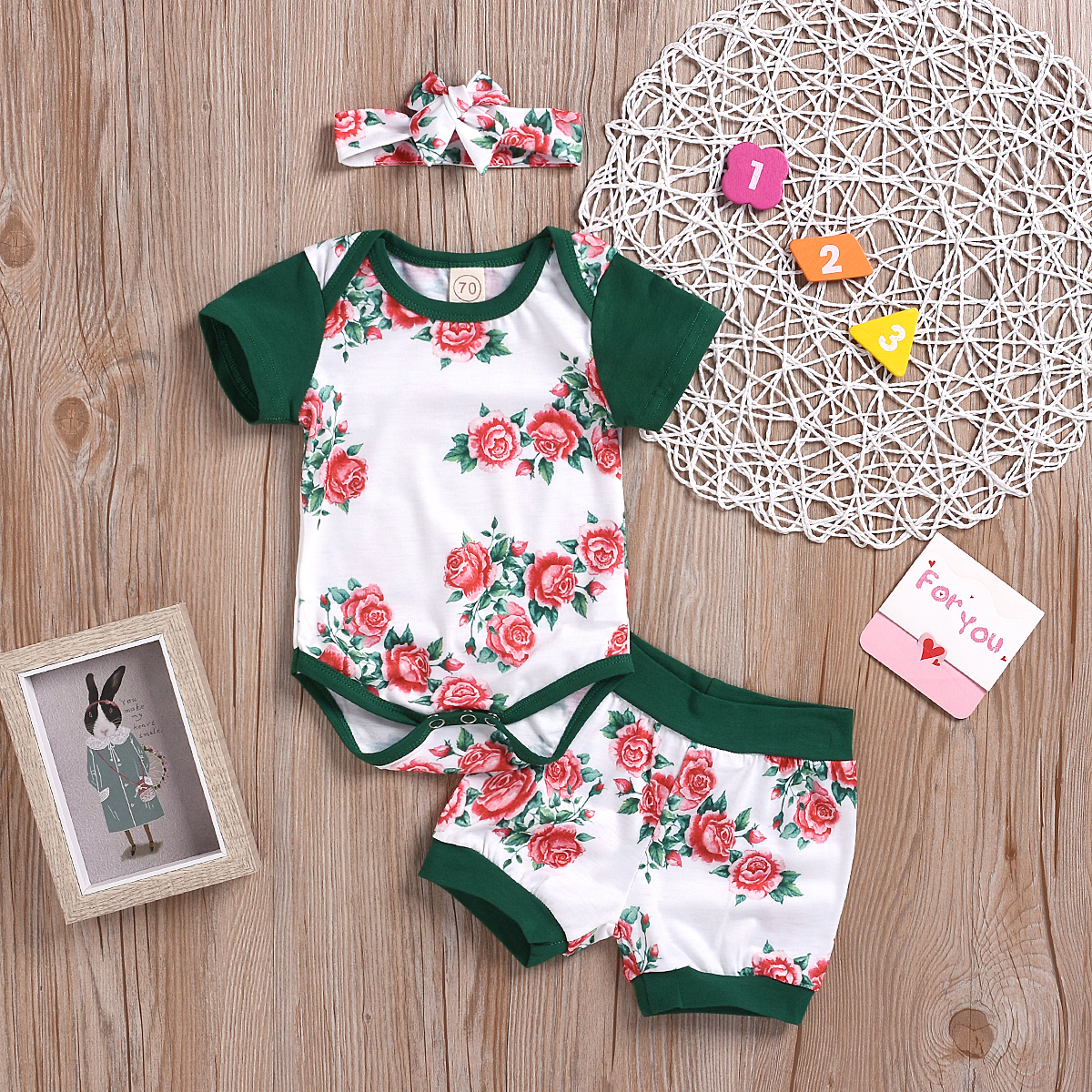 

3-piece Baby Girl Rose Print Bodysuit and Shorts with Headband Set