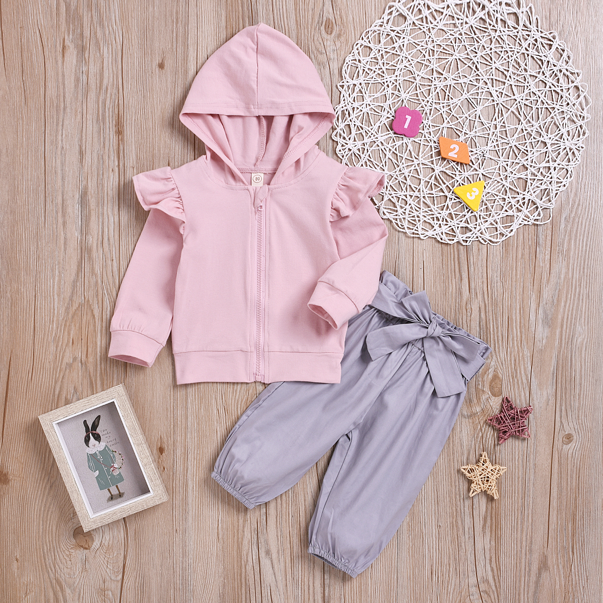 

Baby / Toddler Pink Flutter-sleeve Hooded Coat and Bow Pants Set
