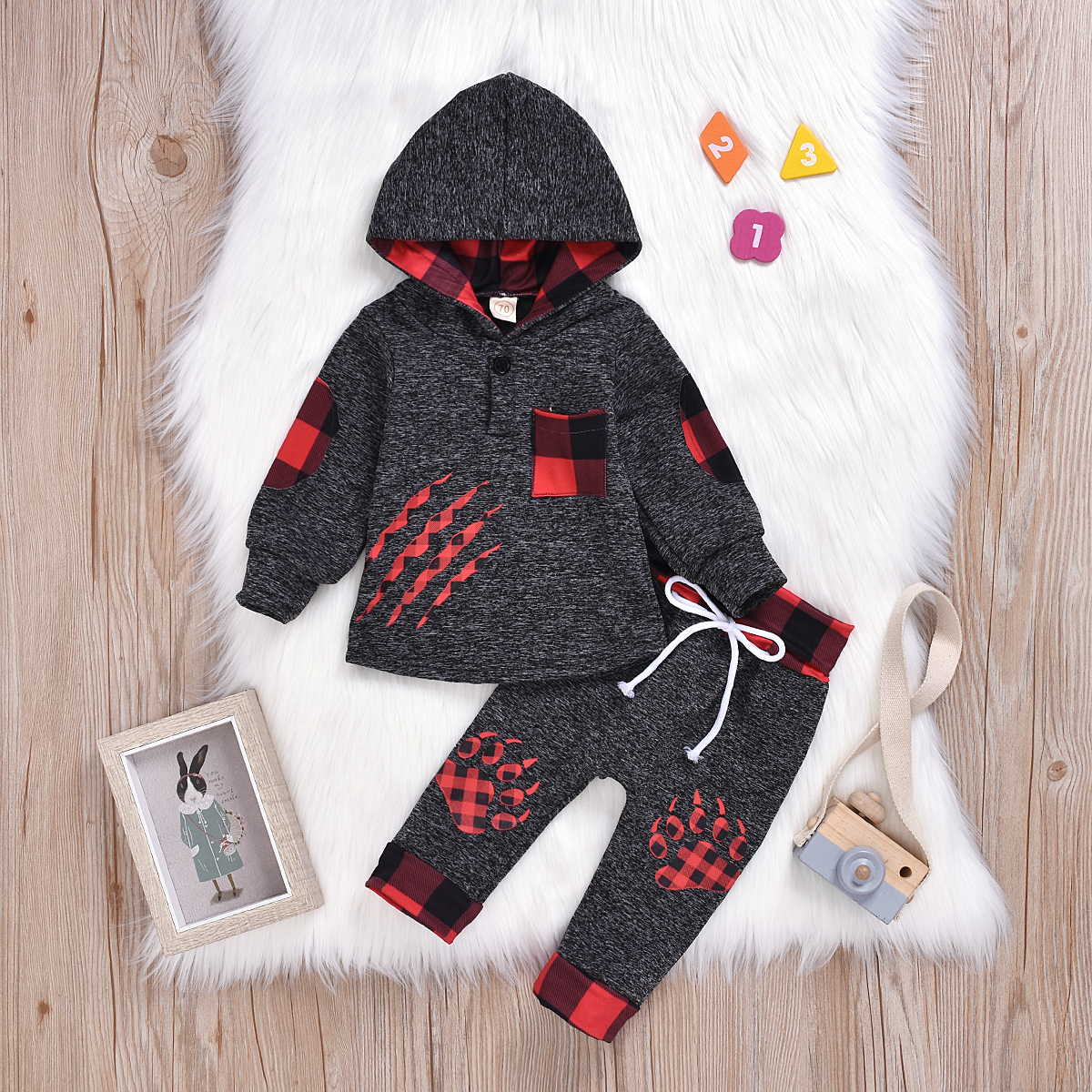 

Baby Halloween Plaid Claw Hooded Top and Pants Set