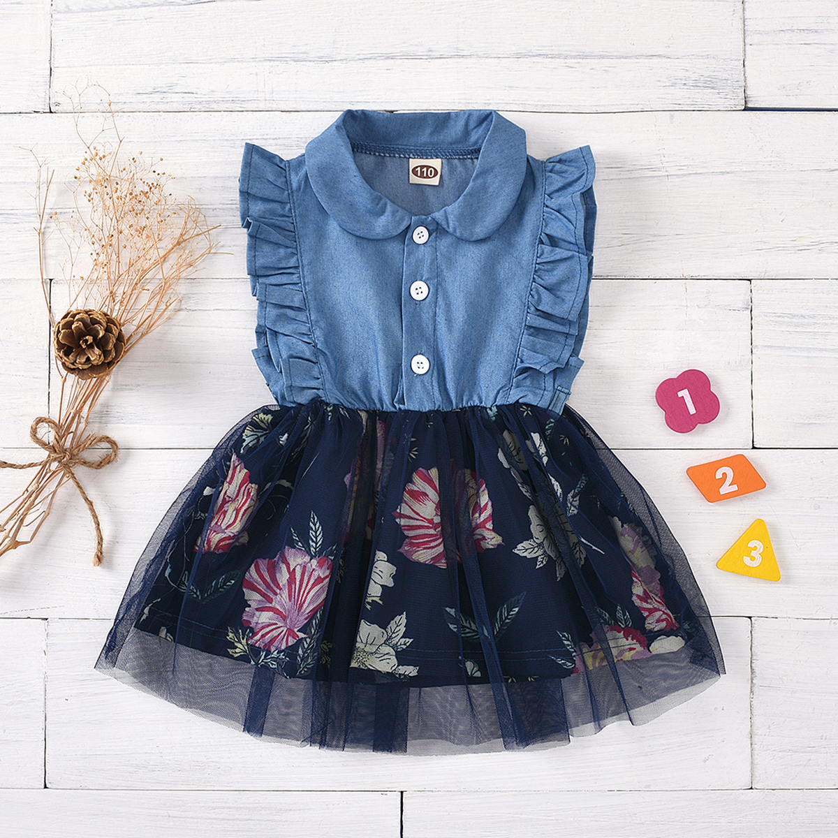 

Toddler Girl Ruffle Side Denim Tulle Dress
