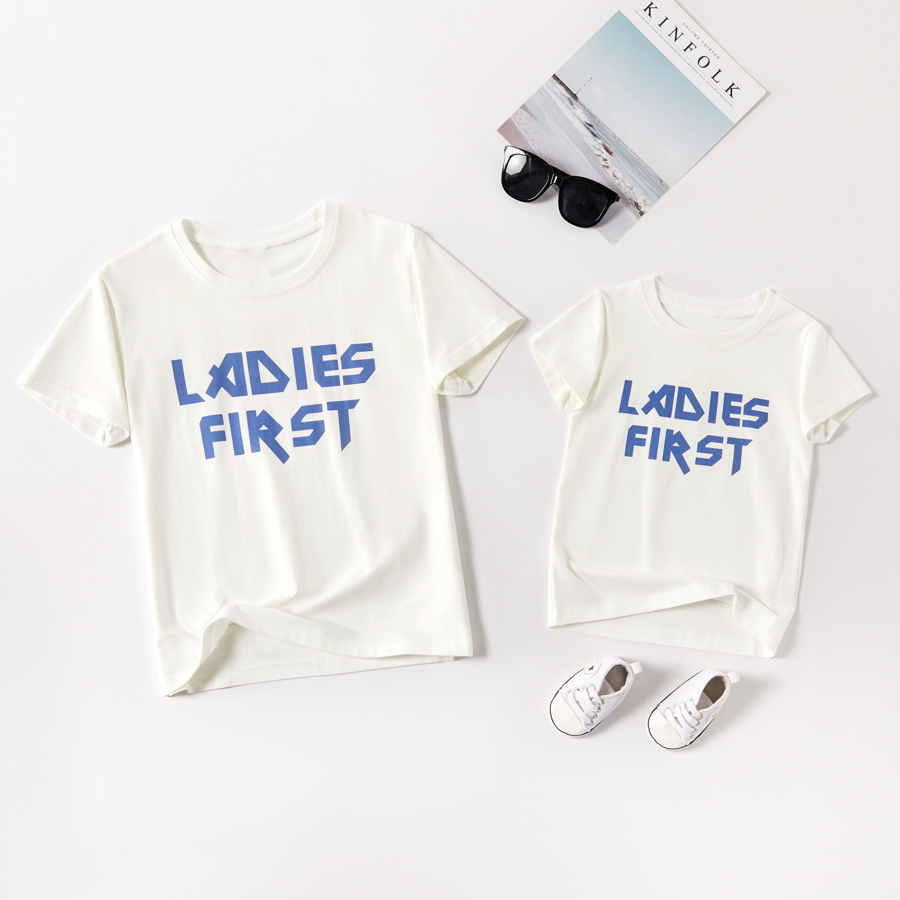 

LADIES FIRST Letter Print White Cotton T-shirts for Mom and Me