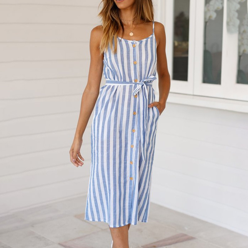 

Pretty Striped Tie-up Design Strappy Midi Dress
