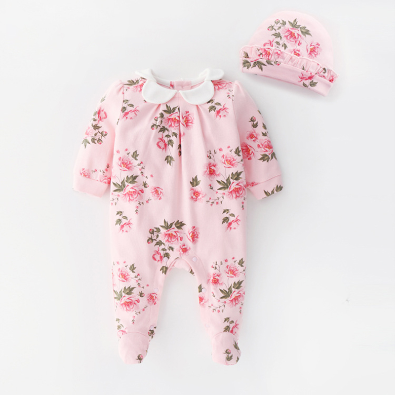 

Baby Girl Ruffle Collar Floral Allover Long-sleeve Jumpsuit and a Hat