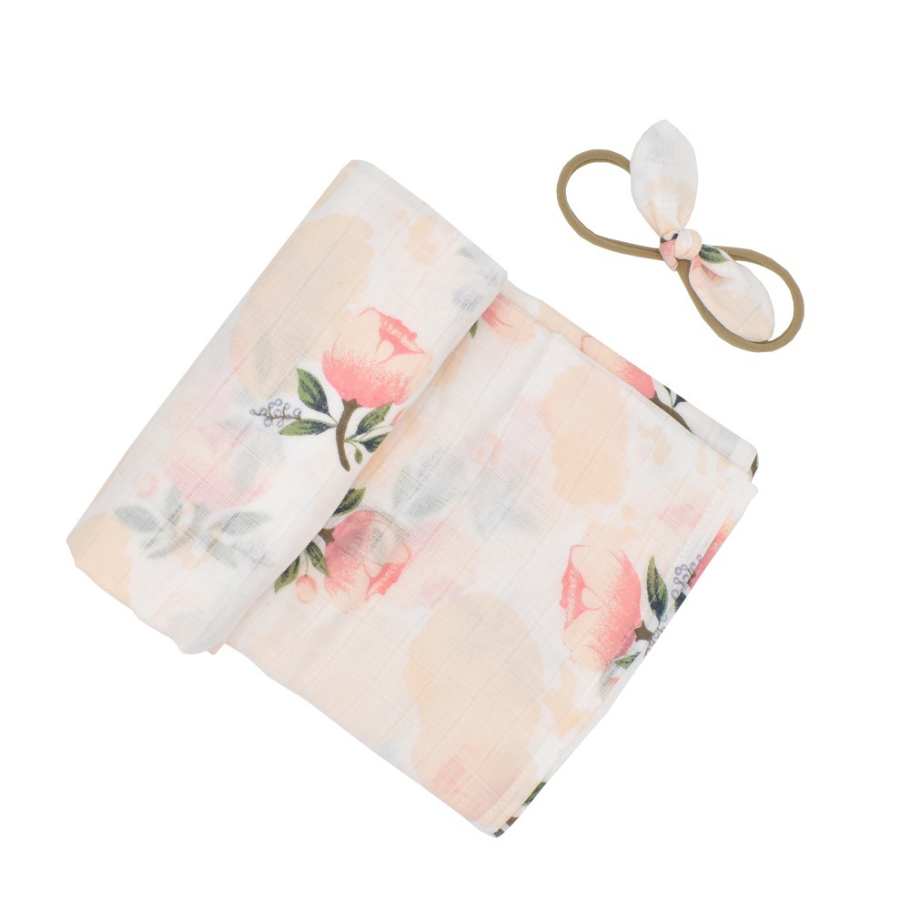 

2-piece Full Floral Print Muslin Cotton Baby Wrap Blanket and Hairband Set