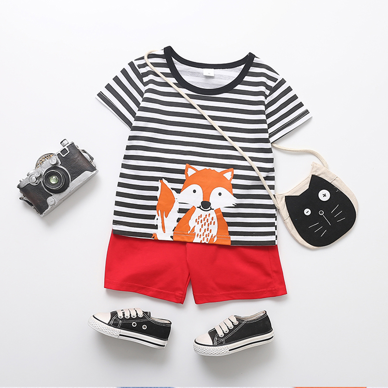 

Baby / Toddler Lovely Fox Print Striped Tee and Solid Shorts Set