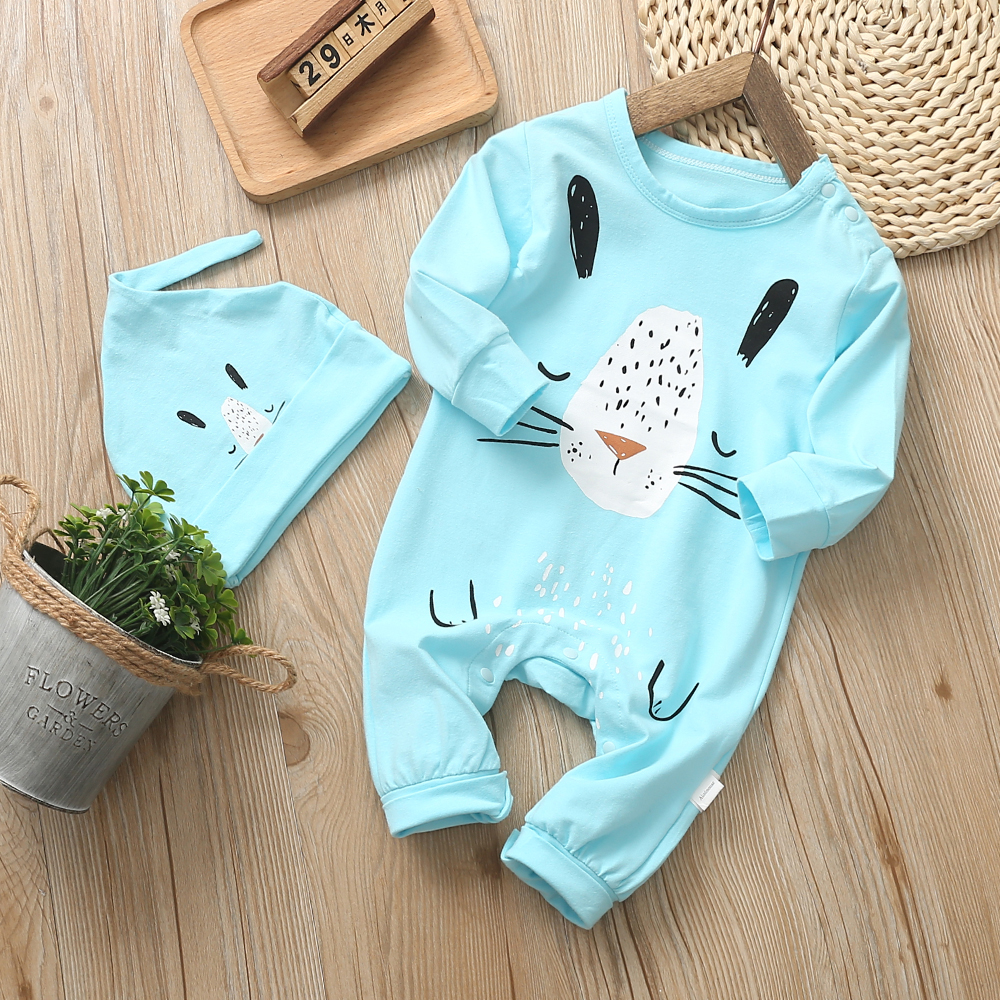 

Baby Rabbit Print Long-sleeve Jumpsuit and Hat