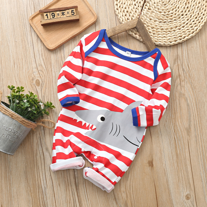 

Baby Stripe Shark Print Long-sleeve Jumpsuit