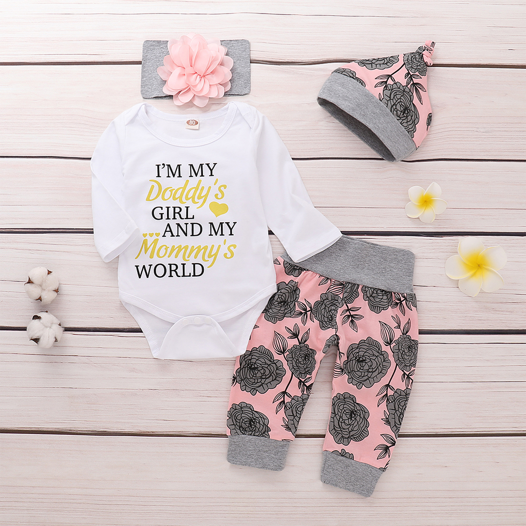 

4-piece Letter Bodysuit, Flower Print Pants, Hat and Headband for Baby Girl