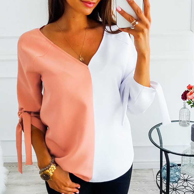 

Chic Color Contrast V-neck Half-sleeve Blouse