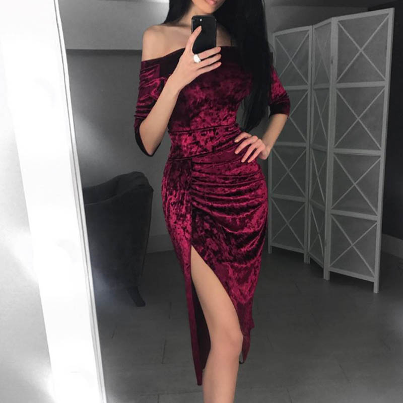 

Dazzling Solid Off Shoulder Velvet Dress