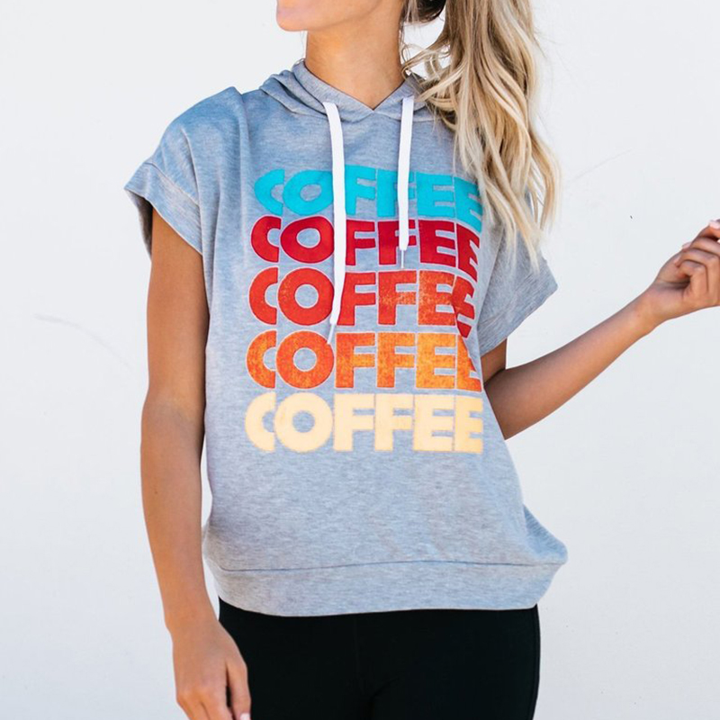 

Casual COFFEE Print Hooded Summer Top