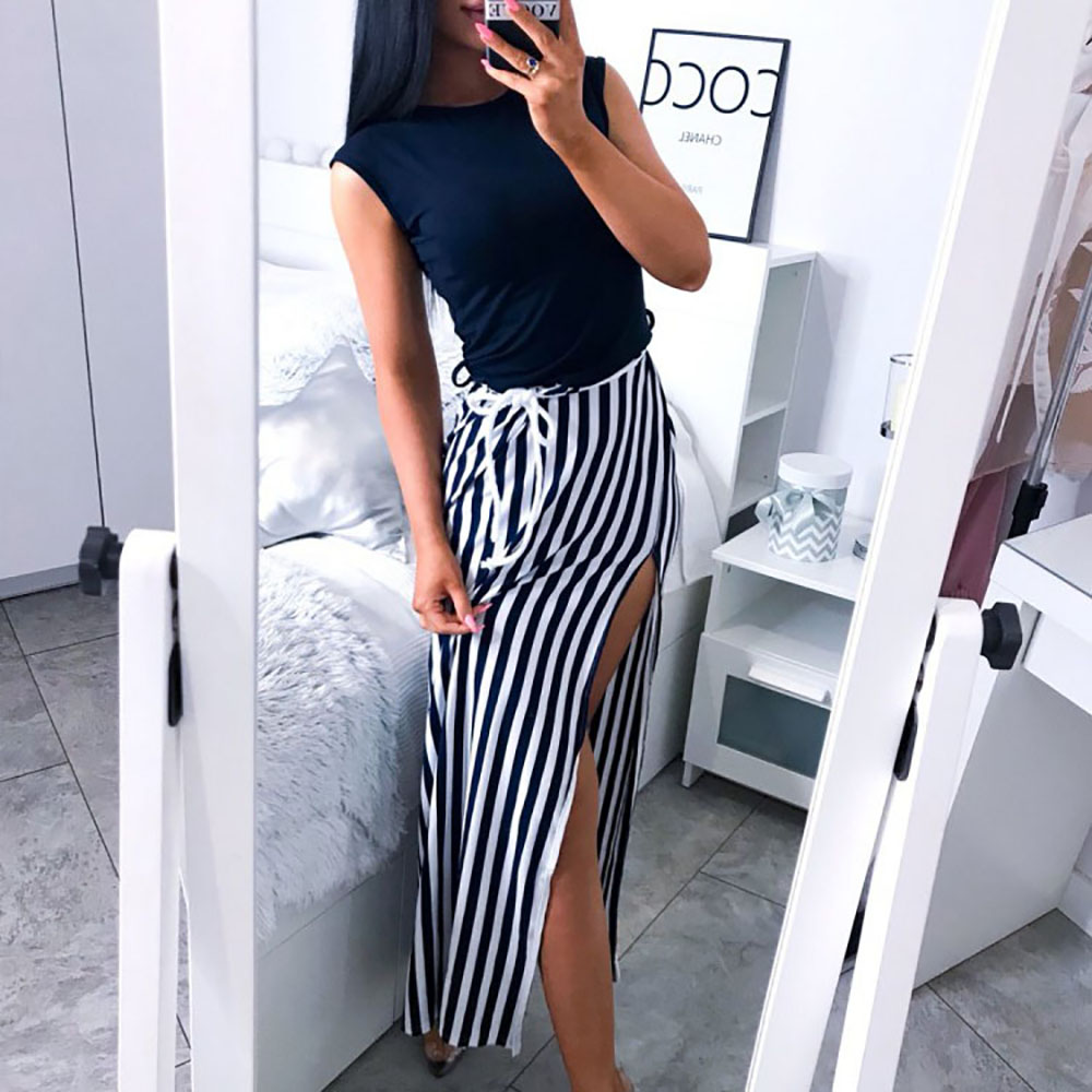 

Trendy Striped Sleeveless Maxi Dress with Tie