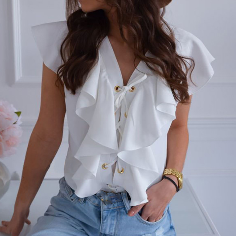 

Sweat Solid Flounced Tie Front Flutter-sleeve Top