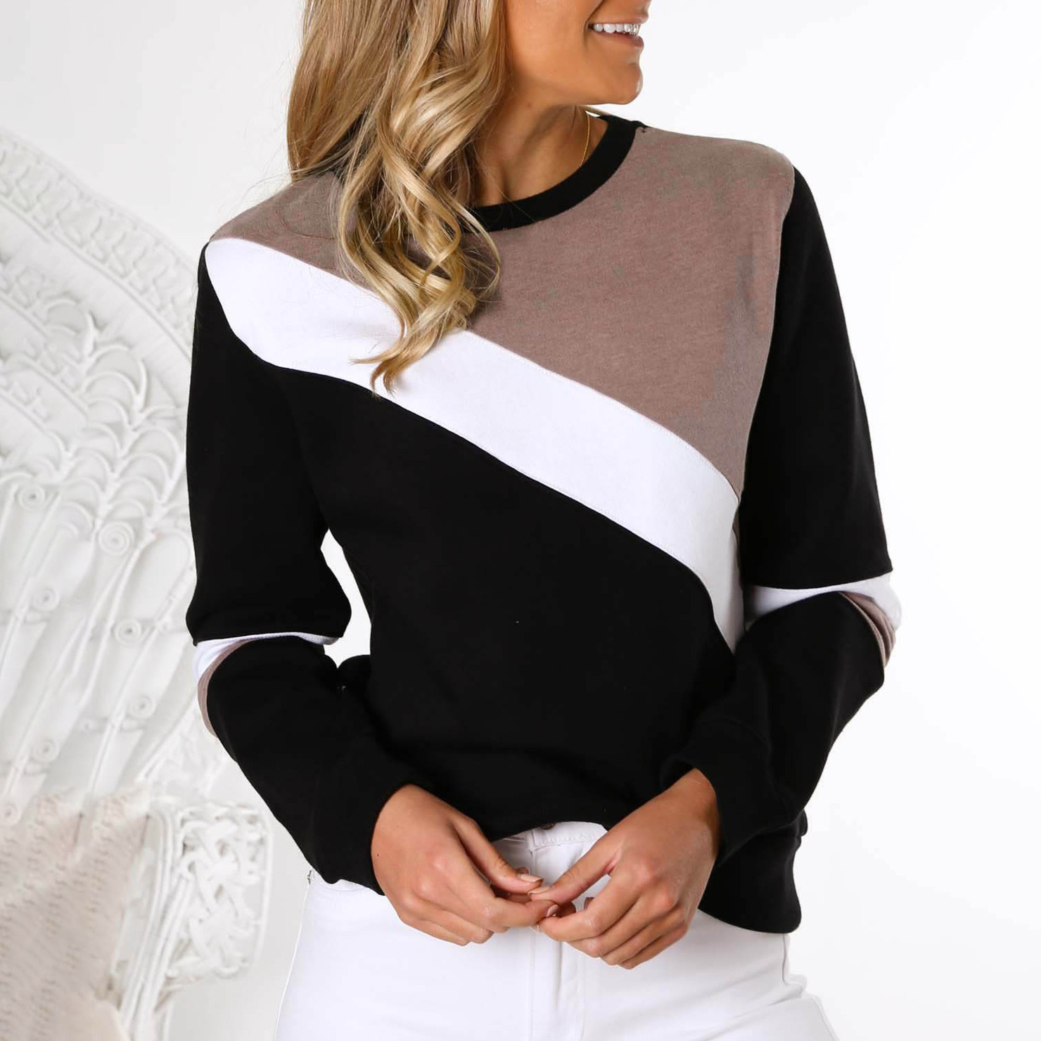 

Trendy Color Block Loose Long-sleeve Top