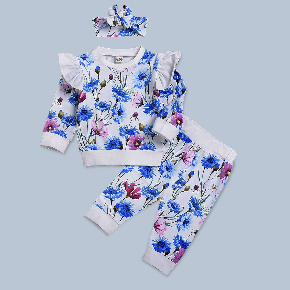 

3-piece Baby / Toddler Blue Floral Print Ruffled Sleeve Top and Pants with Headband Set