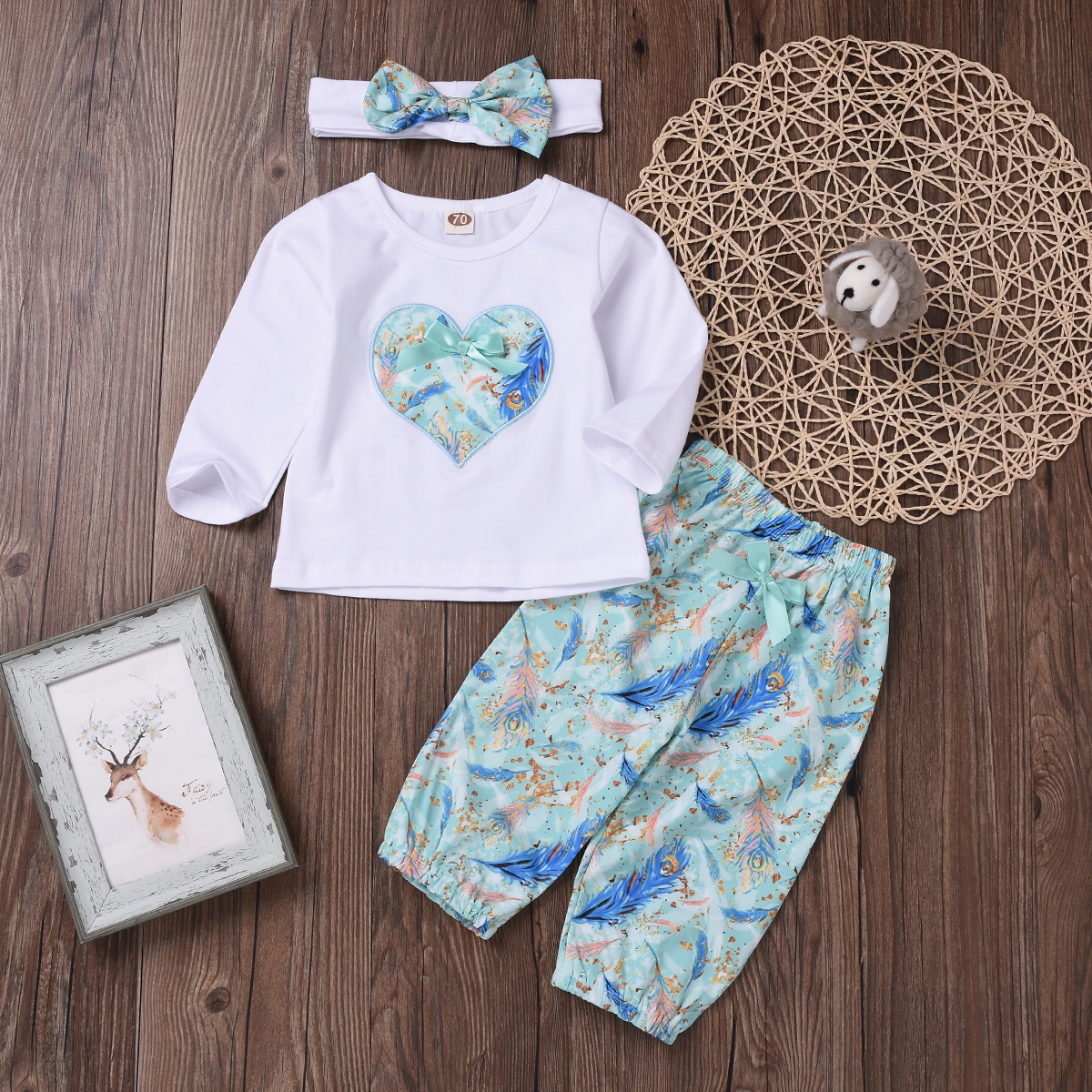 

3-piece Baby Girl Heart Decor Long-sleeve Tee and Feather Print Pants with Headband Set
